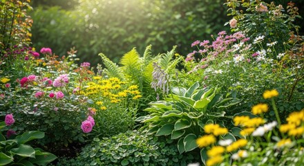 A vibrant garden with a variety of colorful flowers and greenery, including pink and yellow daisies, green ferns, and purple and white flowers.