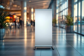 Blank retractable banner stand centered on reflective tiled floor in a modern airy lobby with large glass windows, potted plants and blurred people, calm inviting atmosphere