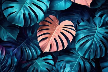Single heart-shaped pink monstera leaf surrounded by large teal tropical leaves, lush botanical composition evoking calm elegance and exotic serenity