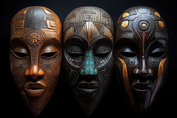 Three carved wooden masks with geometric patterns and subtle inlay on a dark background conveying a mysterious solemn mood