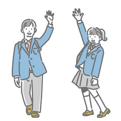 笑顔で手を振る高校生　シンプルでお洒落な線画イラスト