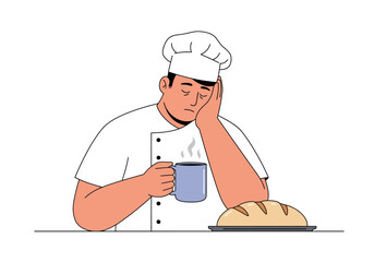 Tired Baker Takes Coffee Break with Fresh Bread.