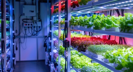 A modern, indoor vertical farm with lettuce and other plants growing on shelves under LED lighting.