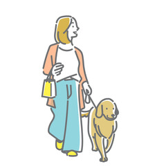 犬を散歩させる若い女性　シンプルでお洒落な線画イラスト