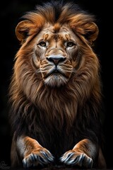 Fototapeta premium Regal male lion with flowing golden mane and powerful forepaws, majestic and stoic portrait against a dark dramatic background