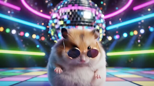 Chubby Hamster Dancing with Sunglasses Under Disco Ball Neon Party