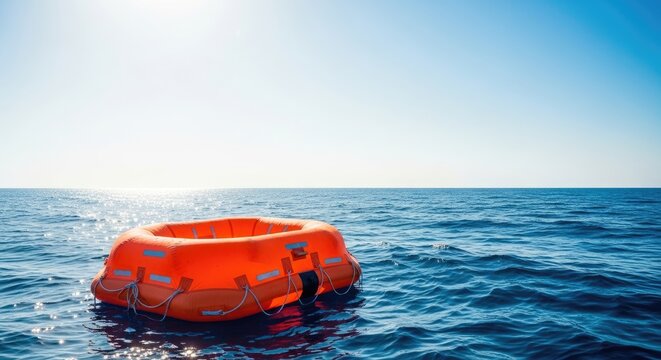 A life raft floating in the ocean.