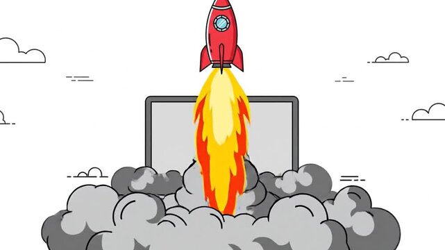 Rocket blast off from computer screen symbolizing startup ambition.