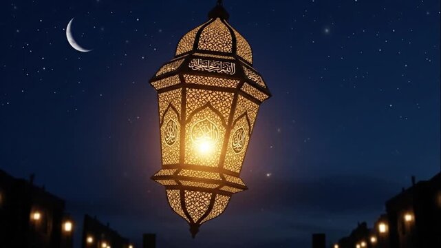 A lantern with intricate designs glows warmly under a starry night sky with a crescent moon