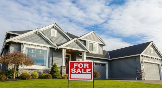 A large, gray house with a red "For Sale" sign in front, surrounded by a green lawn and a blue sky with white clouds.