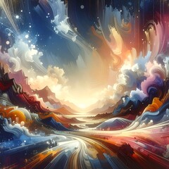 Dynamic, colorful, sweeping vista with abstract brushstrokes evoking a dreamlike, vibrant landscape and radiant light