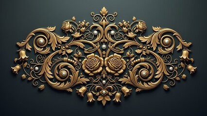 Luxury gold baroque floral ornament with roses and elegant scrollwork on dark background
