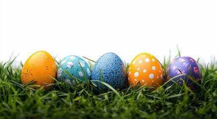 Obraz premium Five colorful painted eggs nestled in fresh green grass against a bright white background, evoking a cheerful springtime celebration