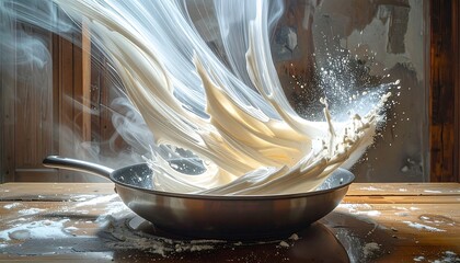 Dynamic food shot white substance cascades from above into a silver pan, creating a splash and smoky vapor effect