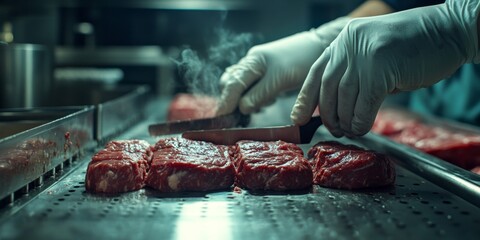 Chef cutting steaks on metal table in restaurant kitchen