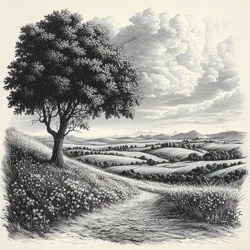 solitary tree beside a winding dirt path through wildflower-covered rolling hills beneath dramatic cloud-filled sky with distant mountains, calm and contemplative mood