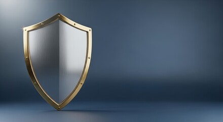 A metallic shield with a reflective surface against a dark blue background.