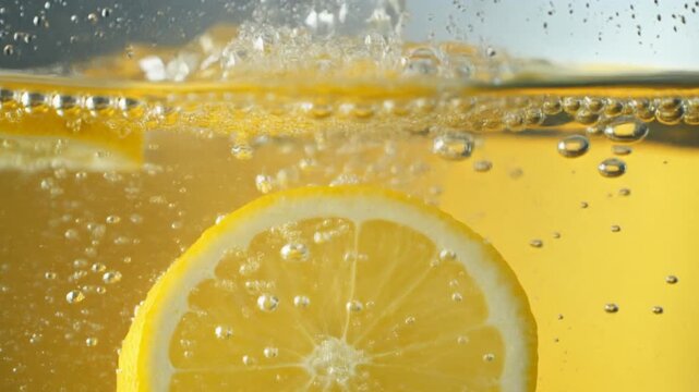 A refreshing close-up shot captures a slice of ripe lemon as it is dropped into a clear liquid, creating a cascade of bubbles and splashes