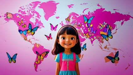 Young girl surrounded by butterflies and world map