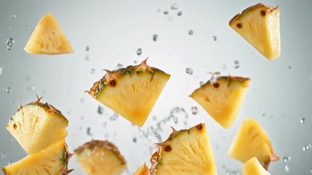 Juicy pineapple slices splashing through water, a refreshing and vibrant tropical fruit display