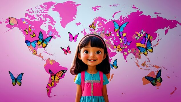 Young girl surrounded by butterflies and world map - Powered by Adobe