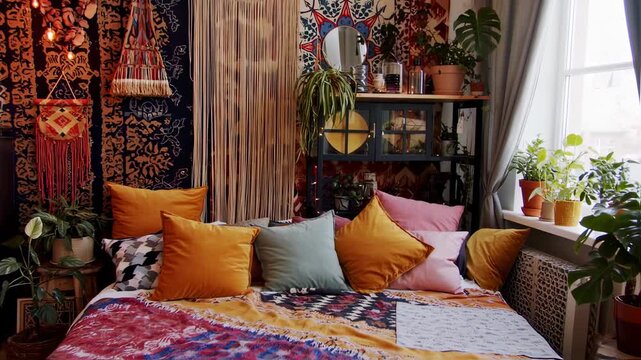 Colorful bohemian bedroom with patterned textiles, cozy pillows, and houseplants