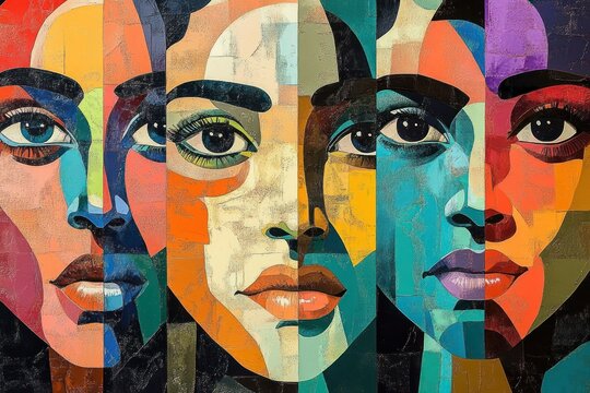 Colorful abstract painting of four expressive female faces merged side by side with harmonious geometric shapes and vibrant tones conveying depth and emotion