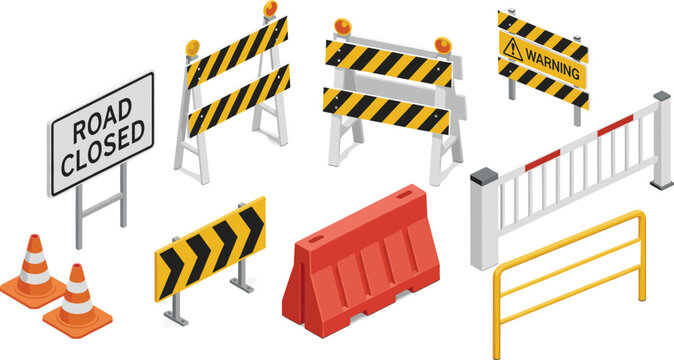 Isometric Road Construction Barriers and Closed Road Signage SetIsometric Road Construction Barriers and Closed Road Signage Set
