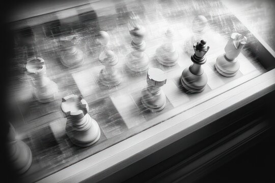blurred monochrome chess pieces on reflective chessboard with dramatic light and shadow, ghosted motion suggesting tension, solitude and contemplative strategy