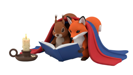 Fox and squirrel reading a book by candlelight under a blanket