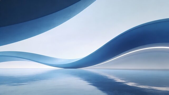 Abstract architectural scene with curved blue wave structures reflecting on calm water, minimalistic and futuristic design, smooth forms and serene ambiance.