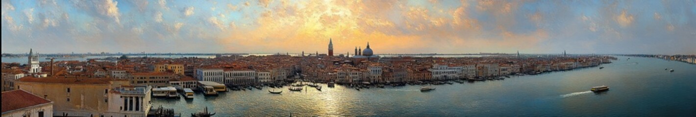 Fototapeta premium Panoramic view of a historic city with numerous old buildings, canals filled with gondolas and boats, under a colorful sunset sky reflecting on the water