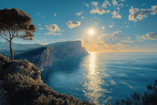 Sunlit coastal cliffs and calm blue sea at sunset with a lone windswept tree, rocky headland, shimmering sunlight reflection and scattered clouds evoking serene tranquility