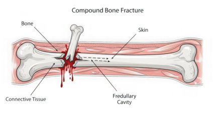Anatomical illustration of a compound bone fracture