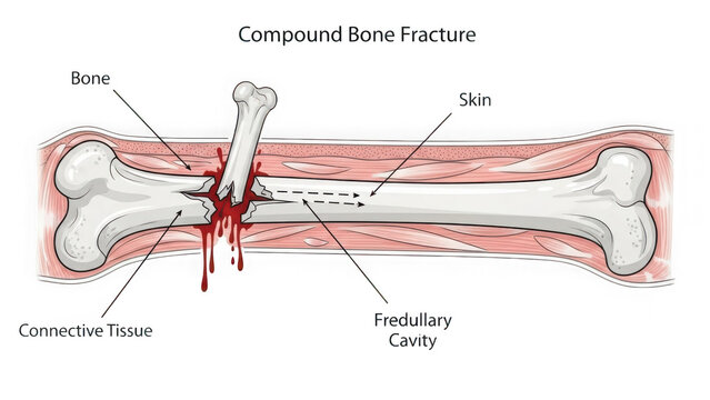Anatomical illustration of a compound bone fracture