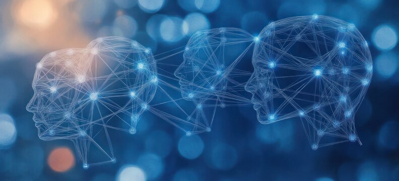 Three interconnected wireframe human heads glowing with blue nodes and lines, symbolizing communication and data exchange over a blurred background