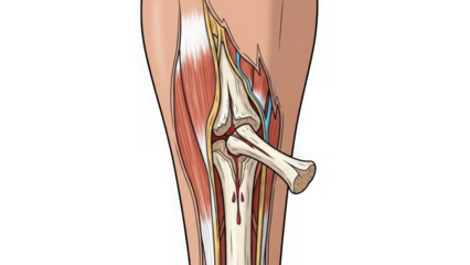 human leg anatomy with broken bone and muscles exposed