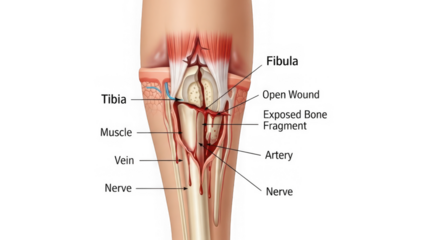 human leg anatomy with labeled parts and open wound
