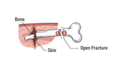 Medical illustration of a bone with an open fracture