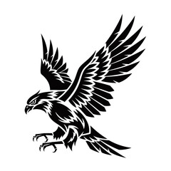 Obraz premium Black and white stylized graphic illustration of a majestic eagle or hawk with wings spread wide, ready to land.