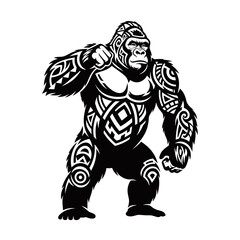 Obraz premium A powerful gorilla with intricate tribal tattoos covering its body, standing in a strong pose.