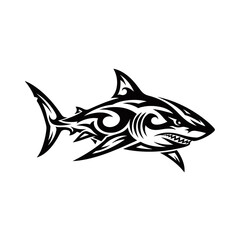 Obraz premium Tribal tattoo design of a fierce shark with sharp teeth and a menacing expression, rendered in black and white.