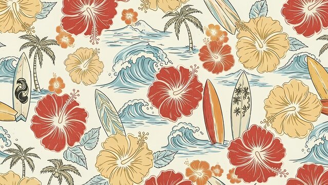 Vintage tropical seamless pattern with hibiscus flowers, ocean waves, surfboards and palm trees