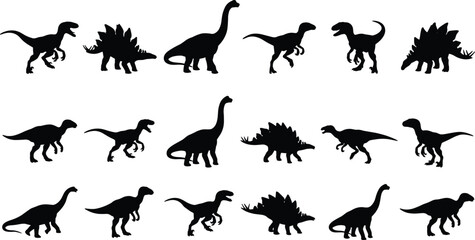 Dinosaur silhouettes set, prehistoric animals collection, tyrannosaurus stegosaurus brachiosaurus velociraptor shapes, black vector illustration © Ayejoddin