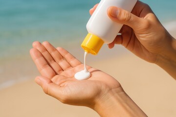 Sunscreen application: a close-up shot of a hand applying sunscreen from a bottle against a beautiful backdrop, highlighting the importance of sun protection for skin health.