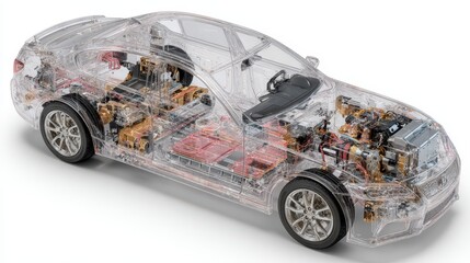 Detailed Cutaway View of a Transparent Hybrid Electric Car Revealing Advanced Internal Components and Automotive Technology on White Background.