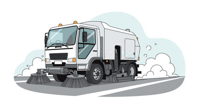 Municipal street sweeper truck with rotating brushes cleaning a paved road in a city to maintain urban cleanliness.