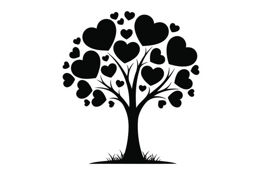 Black silhouette tree with heart shaped leaves on white background