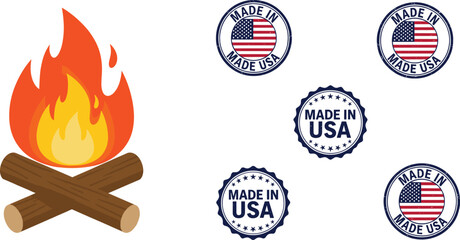 Fototapeta premium Campfire Wood Logs with Made in USA Flag Rubber StampsCampfire Wood Logs with Made in USA Flag Rubber Stamps