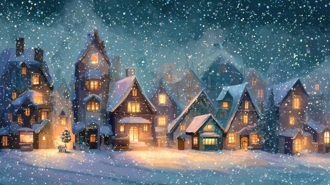 Enchanting Winter Village Night Scene with Glowing Windows and Soft Snowfall. A Cozy, Festive Town Street Bathed in Warm Light from Snow-Covered Houses, Perfect for Christmas and Holiday Ambiance.